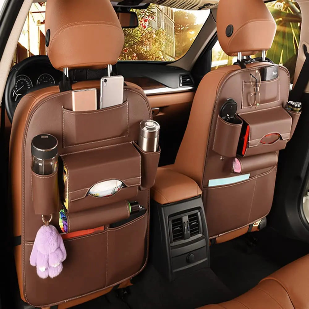ASENDIWAY Backseat Car Organizer PU Leather Car Seat Back Organizer Travel Storage Bag Holder Pocket Kick Mats Back Seat Protector Car Back Seat Organizer for Kids Universal Car Travel Accessories
